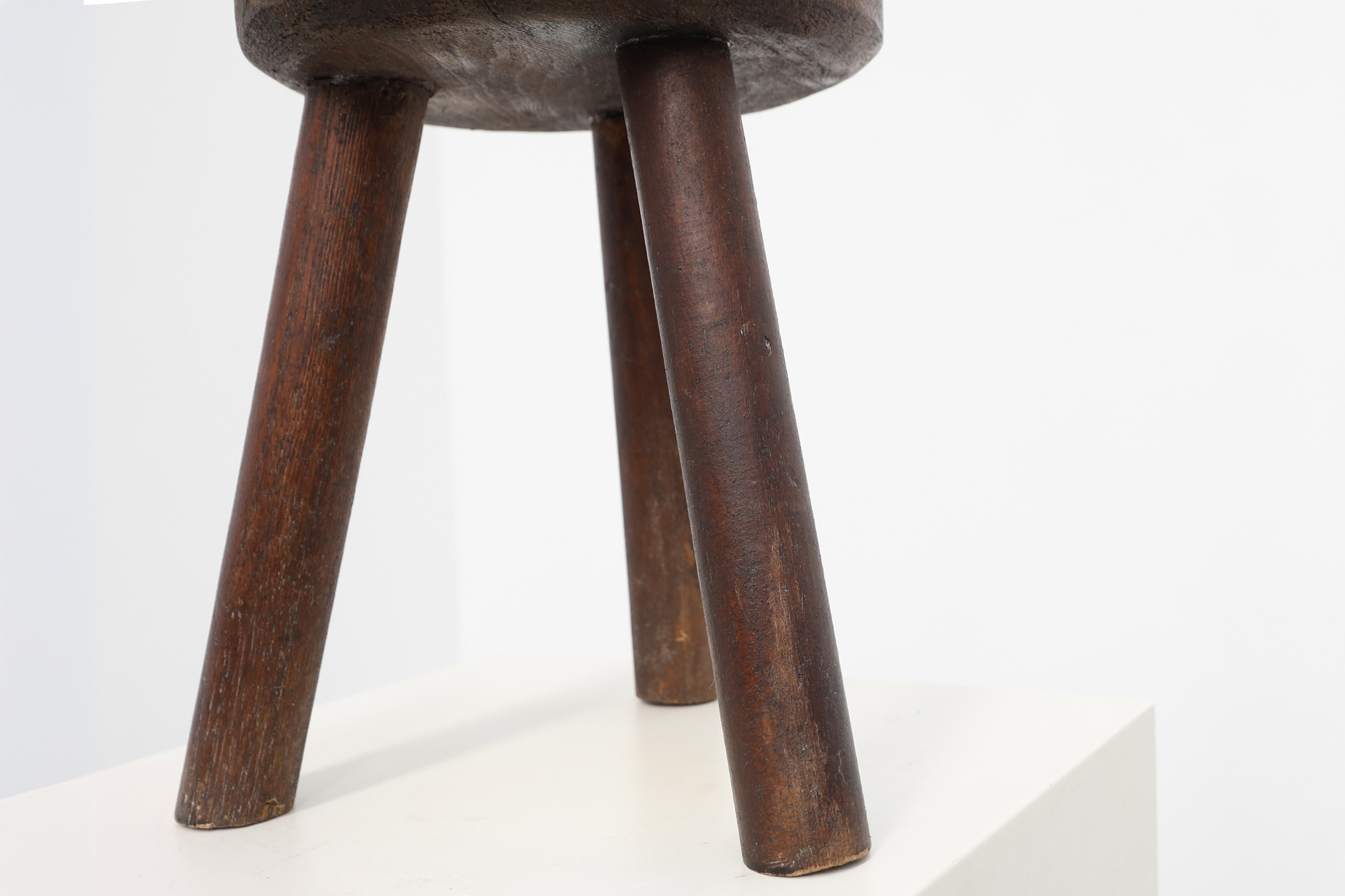 Rustic oak wooden tripod stool, France, ca. 1900thumbnail